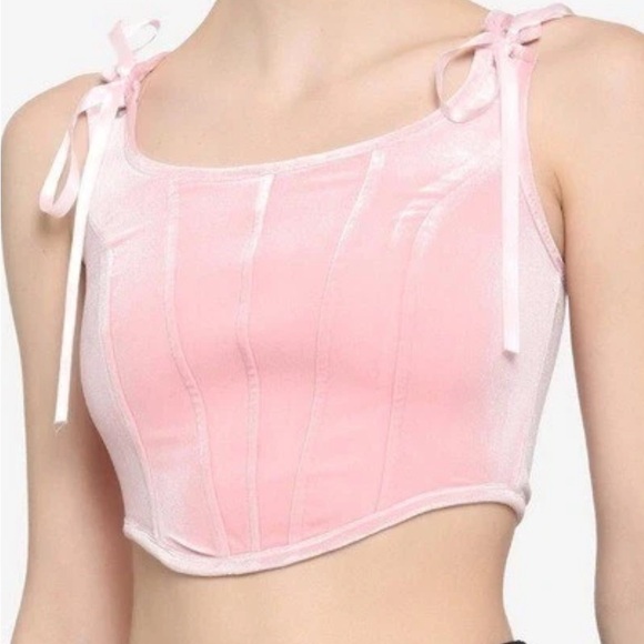 Hot Topic Tops - Hot Topic Pink Velvet Lace Up Crop Corset Size Large Gothic sleeveless Women XL
